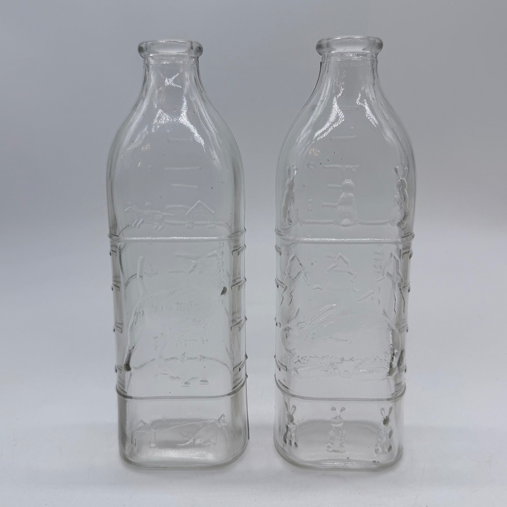 Vintage Embossed Glass Milk Bottle Dog and Rabbit Scene Set of‎ 2